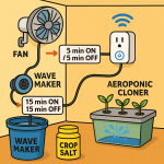 "Colorful cartoon diagram showing a grow room setup with a Wi-Fi smart plug controlling a wall-mounted fan, a wave maker in a reservoir, and an aeroponic cloner, each connected with timers labeled for optimal cycle settings."