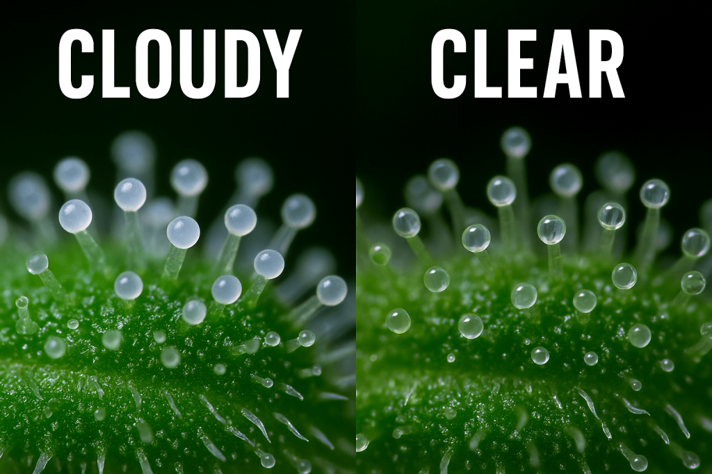 Side-by-side comparison of cannabis trichomes in clear, cloudy, and amber stages under a microscope