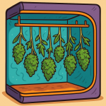 A cartoon-style grow tent with cannabis branches hanging upside down, drying in a vibrant purple and teal setup.