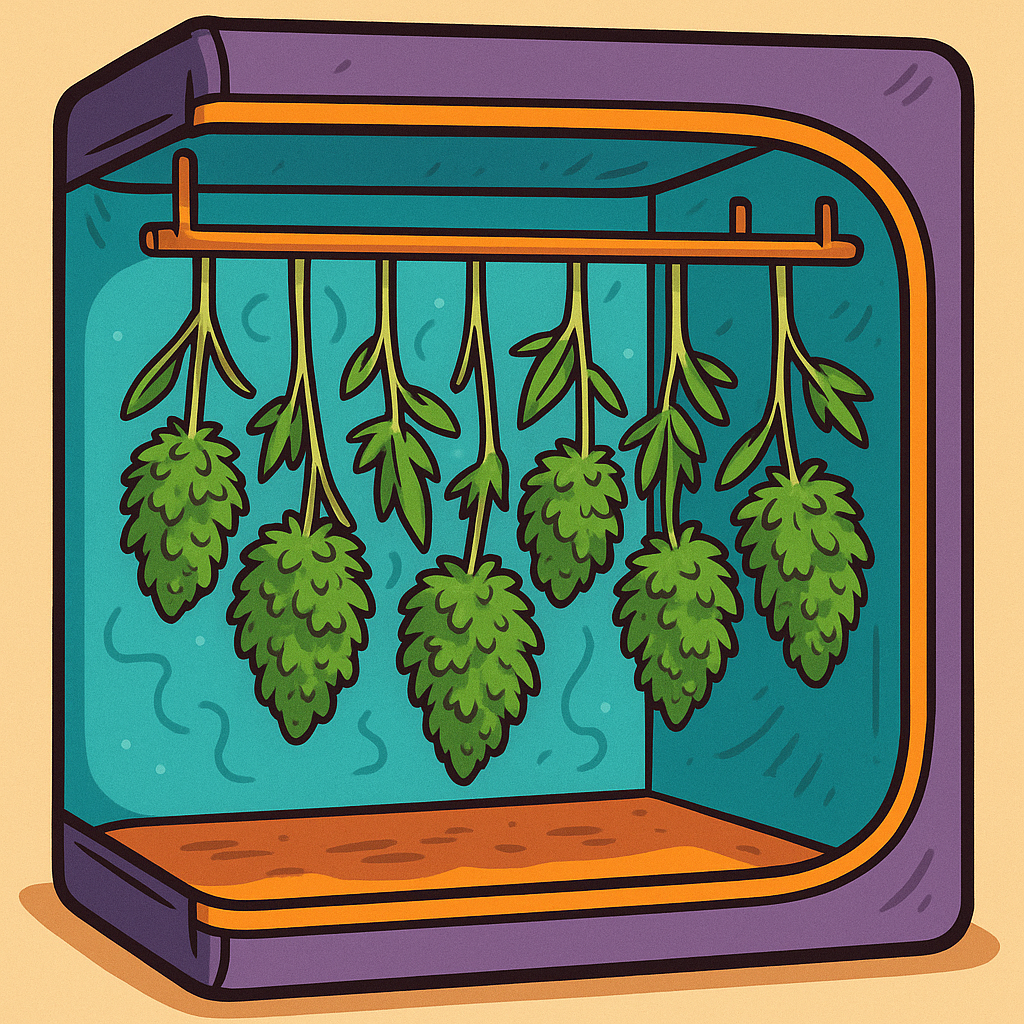 A cartoon-style grow tent with cannabis branches hanging upside down, drying in a vibrant purple and teal setup.