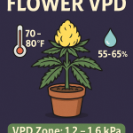 "Infographic showing perfect flower VPD ranges with temperature and humidity chart to prevent bud rot in cannabis plants – Ideal cannabis grow environment for flowering stage."