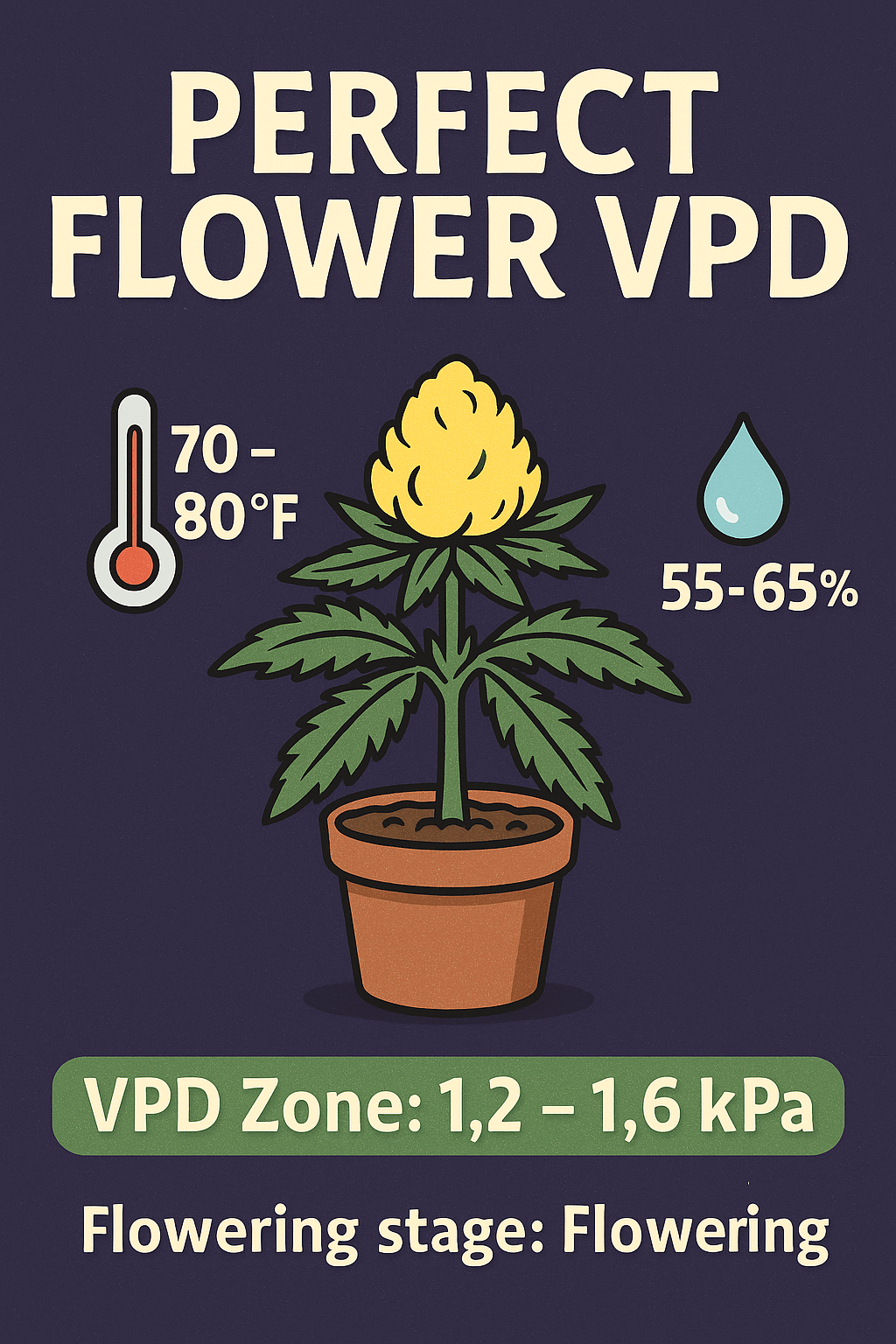 "Infographic showing perfect flower VPD ranges with temperature and humidity chart to prevent bud rot in cannabis plants – Ideal cannabis grow environment for flowering stage."