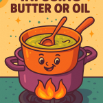 A colorful, cartoon-style digital illustration of a double boiler on a stove gently heating a golden-brown cannabis-infused oil. A wooden spoon stirs the mixture while cheerful steam swirls upward. The scene features a vibrant, hippie-inspired kitchen background with psychedelic colors and happy vibes, evoking a peaceful and creative edible-making experience.