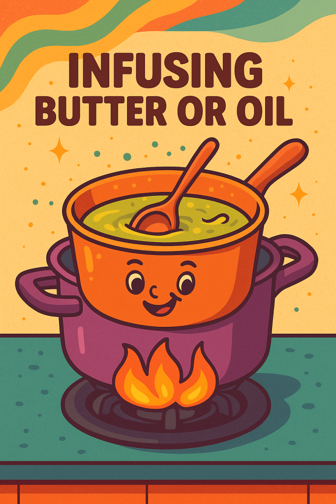 A colorful, cartoon-style digital illustration of a double boiler on a stove gently heating a golden-brown cannabis-infused oil. A wooden spoon stirs the mixture while cheerful steam swirls upward. The scene features a vibrant, hippie-inspired kitchen background with psychedelic colors and happy vibes, evoking a peaceful and creative edible-making experience.