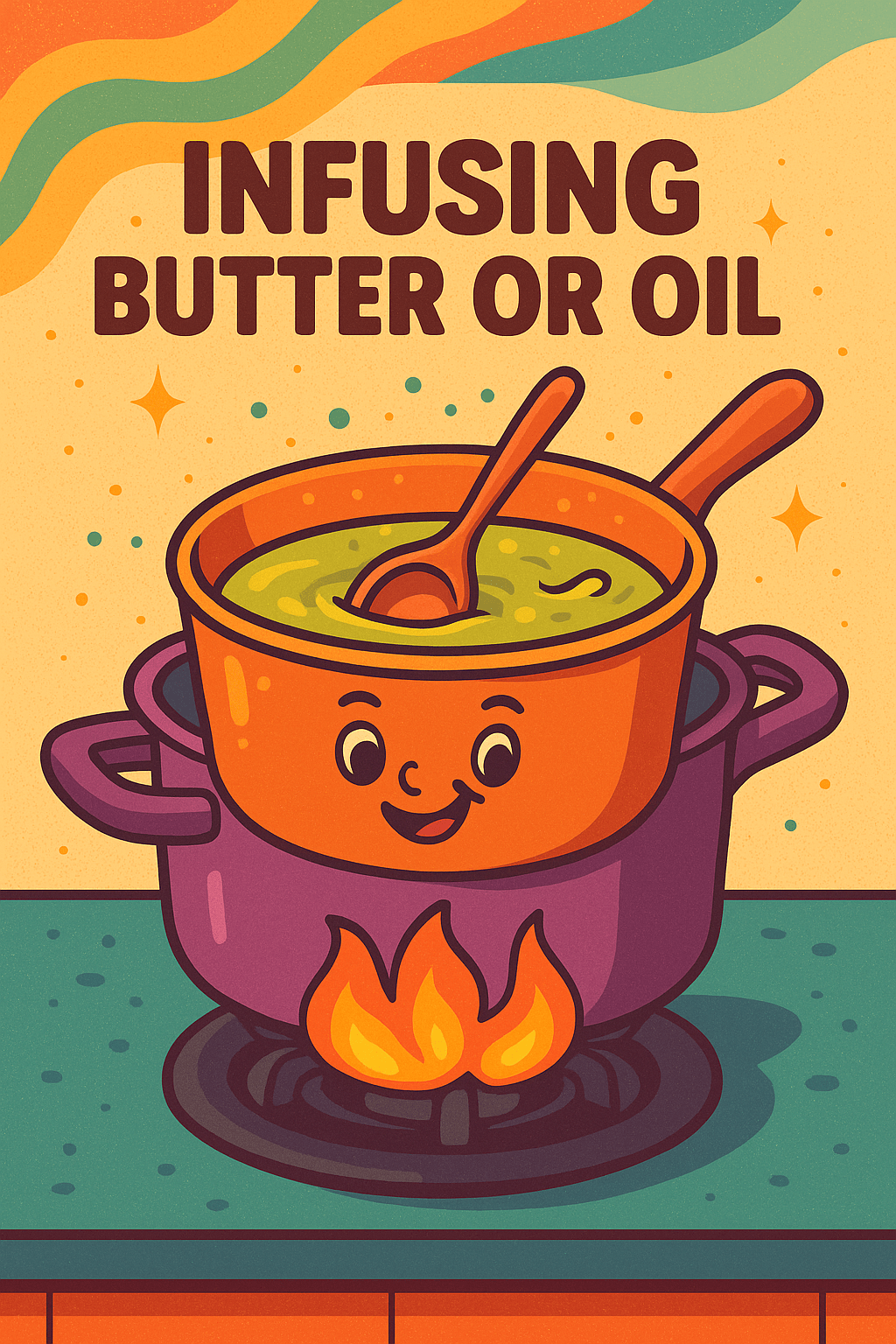 A colorful, cartoon-style digital illustration of a double boiler on a stove gently heating a golden-brown cannabis-infused oil. A wooden spoon stirs the mixture while cheerful steam swirls upward. The scene features a vibrant, hippie-inspired kitchen background with psychedelic colors and happy vibes, evoking a peaceful and creative edible-making experience.