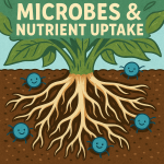 A colorful cross-section digital illustration shows healthy white cannabis roots in soil with vibrant cartoon-style microbes surrounding and attaching to them, visually representing beneficial microbial interaction for nutrient uptake in plants.