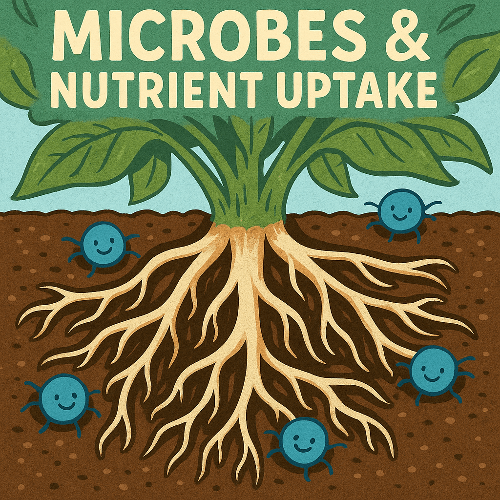 A colorful cross-section digital illustration shows healthy white cannabis roots in soil with vibrant cartoon-style microbes surrounding and attaching to them, visually representing beneficial microbial interaction for nutrient uptake in plants.