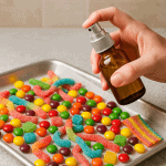 A hand spritzing cannabis oil over a tray of colorful candies using a small glass spray bottle for homemade spray edibles.