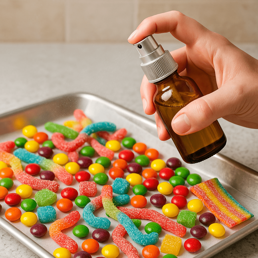 A hand spritzing cannabis oil over a tray of colorful candies using a small glass spray bottle for homemade spray edibles.