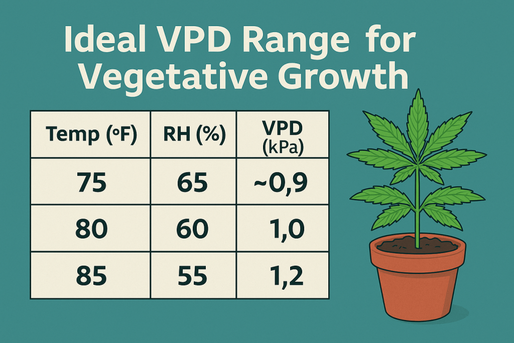 “Infographic chart showing ideal VPD range for vegetative cannabis growth with temperatures, relative humidity, and kPa values next to a healthy cannabis plant in a pot.”