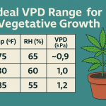 “Infographic chart showing ideal VPD range for vegetative cannabis growth with temperatures, relative humidity, and kPa values next to a healthy cannabis plant in a pot.”
