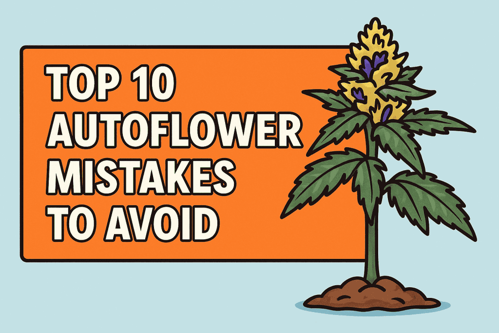 Colorful 2D illustration of a cannabis autoflower plant with bold title text “Top 10 Autoflower Mistakes to Avoid” on an orange banner, designed as a blog header image.