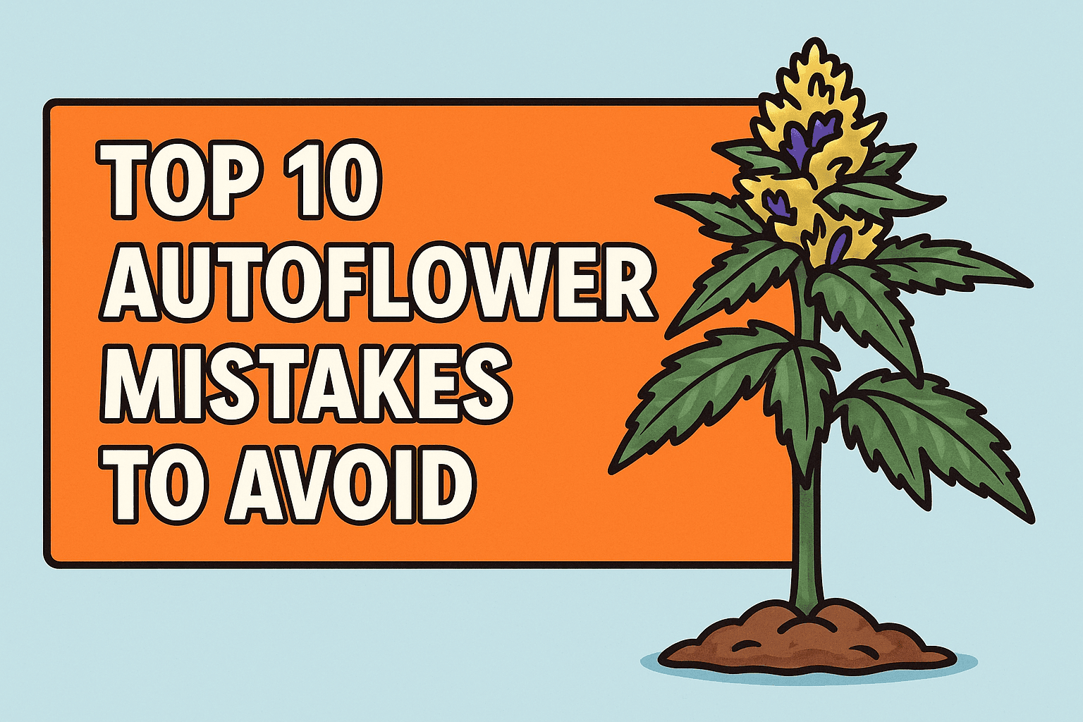 Colorful 2D illustration of a cannabis autoflower plant with bold title text “Top 10 Autoflower Mistakes to Avoid” on an orange banner, designed as a blog header image.