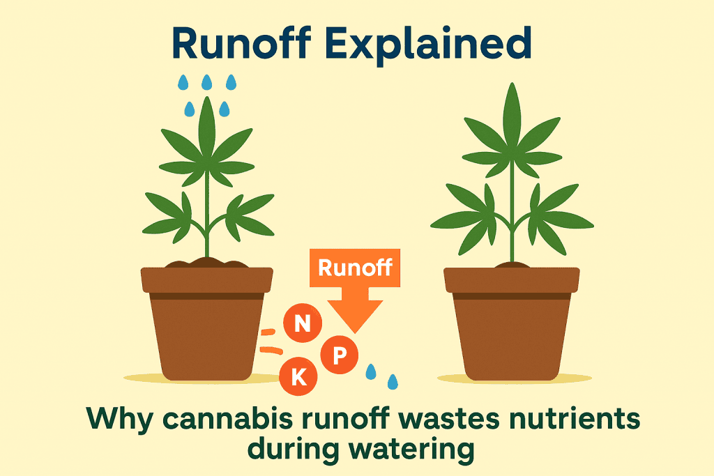 Infographic showing why cannabis runoff wastes nutrients during watering, with one pot losing NPK nutrients through runoff and another pot showing proper absorption.
