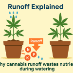 Infographic showing why cannabis runoff wastes nutrients during watering, with one pot losing NPK nutrients through runoff and another pot showing proper absorption.