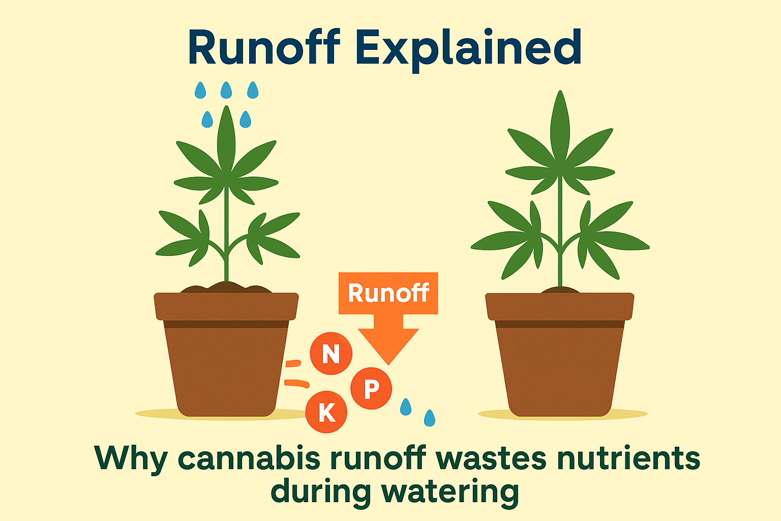 Infographic showing why cannabis runoff wastes nutrients during watering, with one pot losing NPK nutrients through runoff and another pot showing proper absorption.