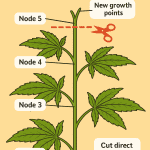 Educational infographic showing how to top a hemp plant at node 5, with a red dotted line and scissors marking the cut point and labels for nodes 2–5 and new growth points above the cut.