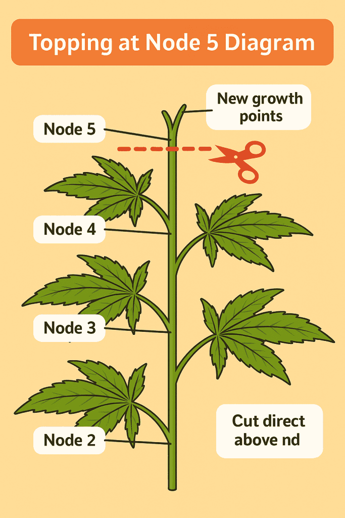 Educational infographic showing how to top a hemp plant at node 5, with a red dotted line and scissors marking the cut point and labels for nodes 2–5 and new growth points above the cut.