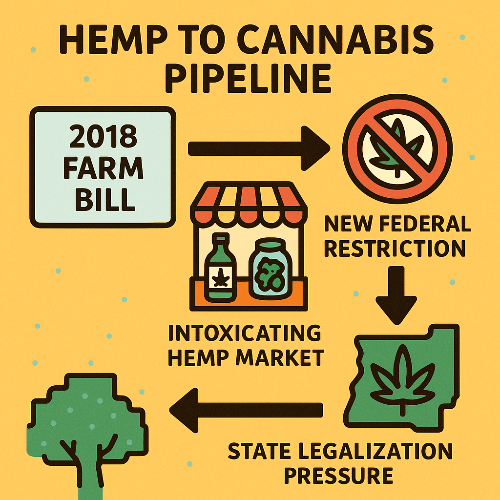 Colorful infographic titled “Hemp to Cannabis Pipeline” showing the flow from the 2018 Farm Bill to the intoxicating hemp market, new federal restrictions, and resulting state legalization pressure.