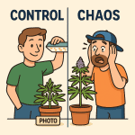 Funny cartoon showing “Control vs Chaos” — a calm grower adjusting lights over a photoperiod plant on the left, and a panicked grower reacting to an autoflower blooming early on the right.