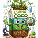Living coco cannabis cartoon showing active root zone biology and healthy plant growth
