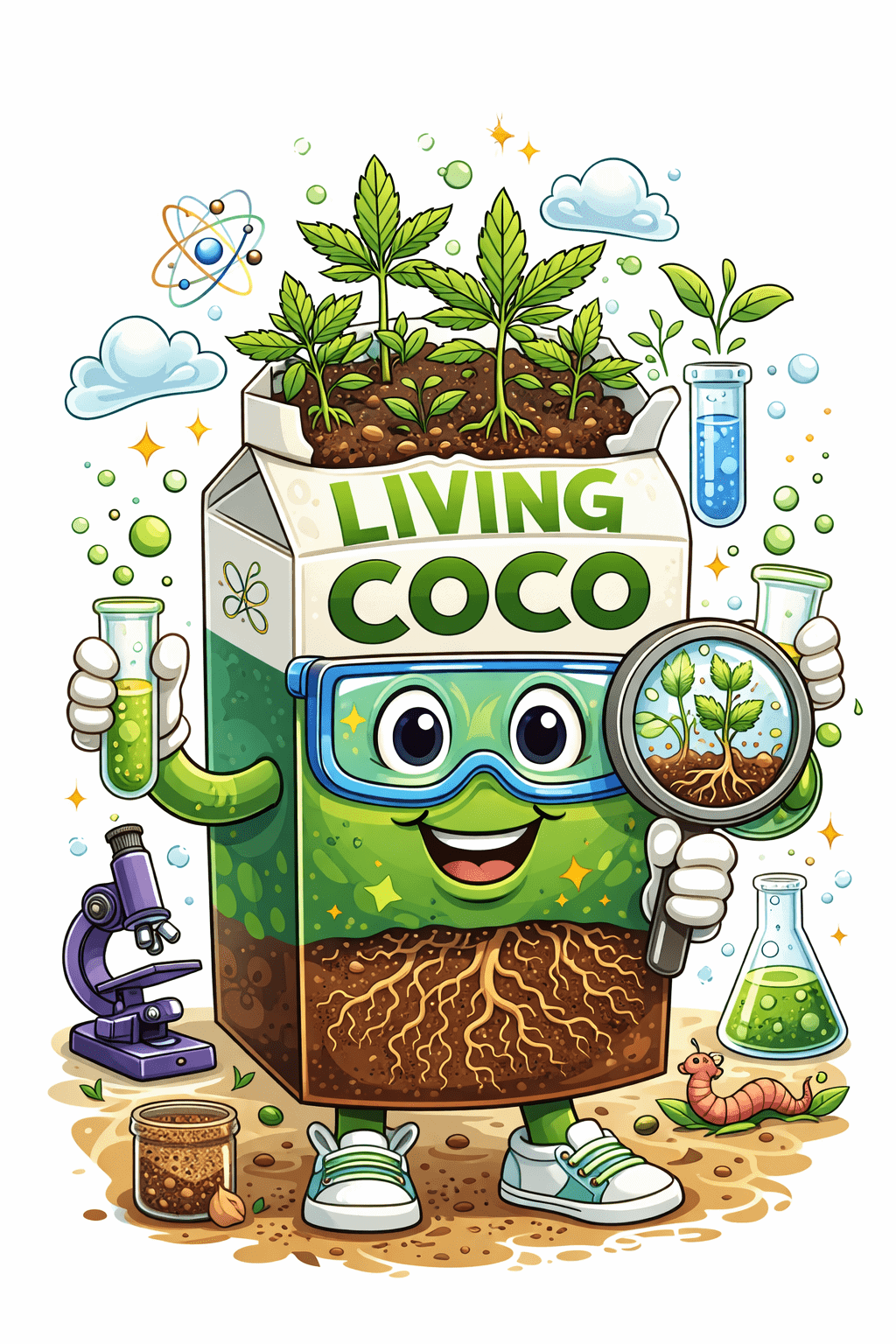 Living coco cannabis cartoon showing active root zone biology and healthy plant growth