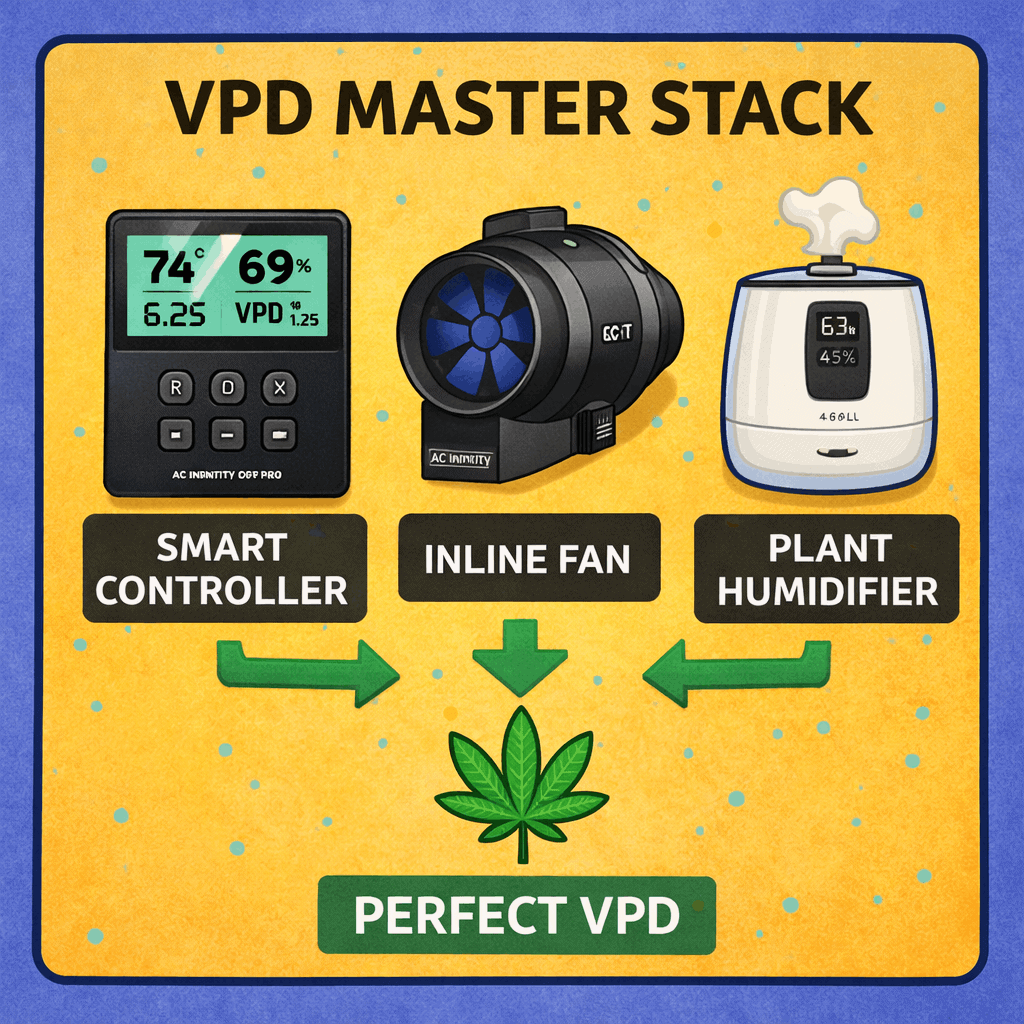 Colorful 2D infographic titled “VPD Master Stack” showing a smart climate controller, inline exhaust fan, and plant humidifier working together to maintain perfect VPD for cannabis growth.