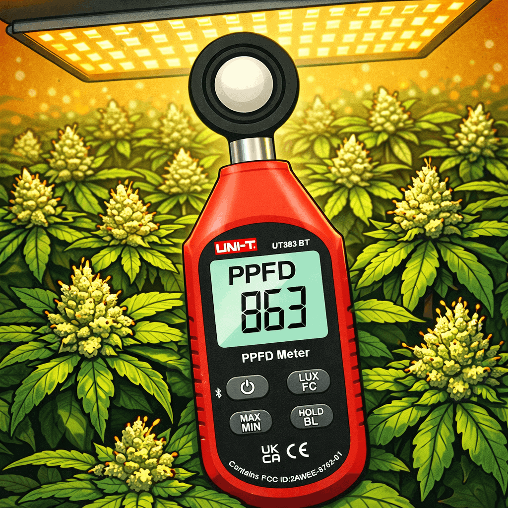Colorful infographic-style image of a PPFD light meter hovering above a dense canopy of cannabis tops under an LED grow light, showing a PPFD reading for dialing in perfect flower lighting.
