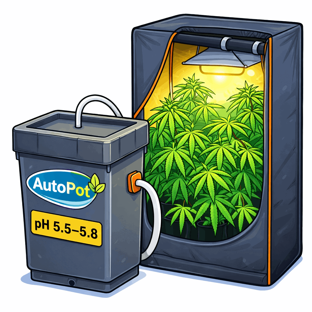 AutoPot reservoir pH 5.5–5.8 feeding indoor grow tent with hemp plants via tubing system, cartoon hydroponic setup with LED grow light, partially open tent showing healthy legal hemp plants under 2018 Farm Bill