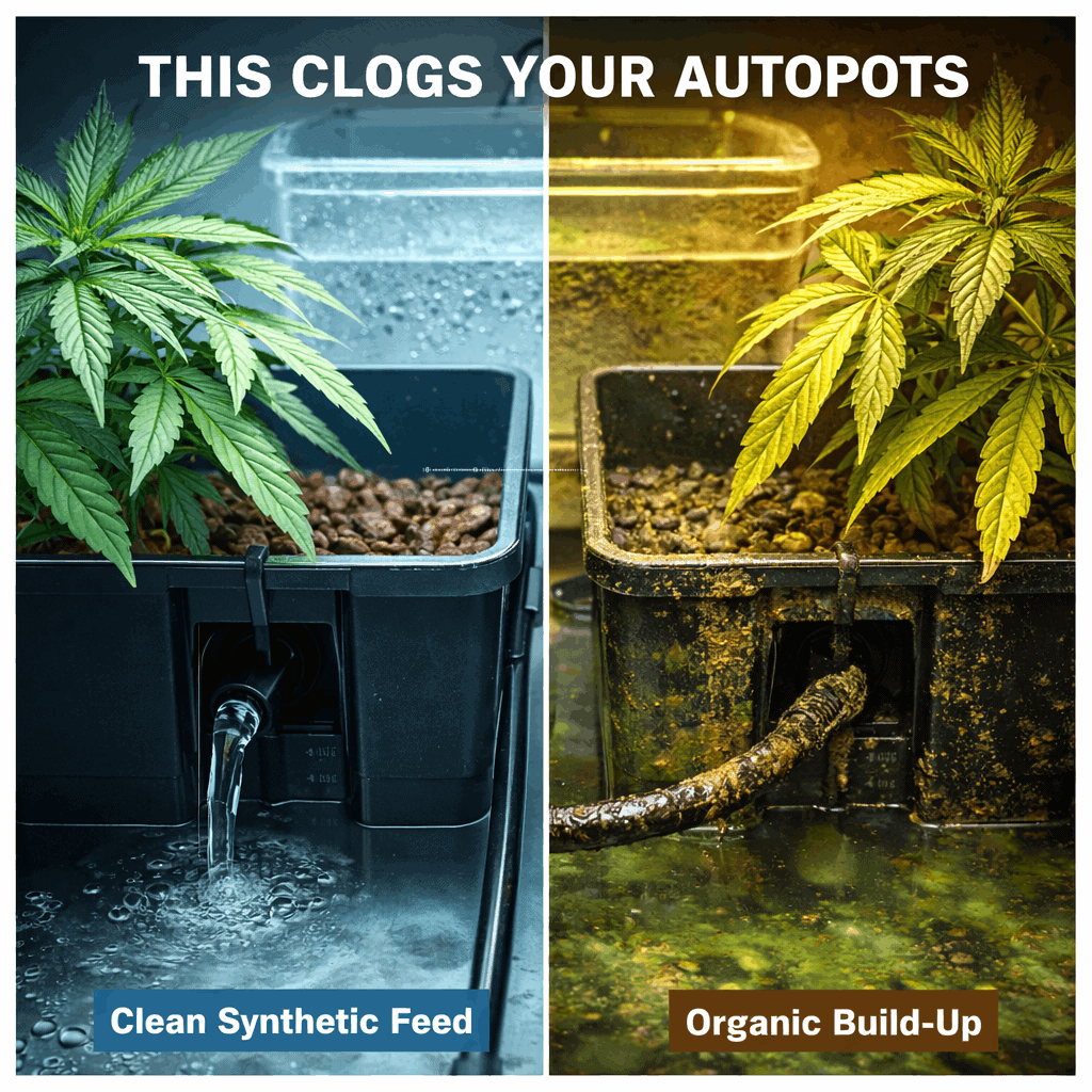 AutoPot clogging comparison clean vs organic nutrients, clear reservoir and healthy cannabis plant vs biofilm buildup, clogged tubing, dirty tray and dying plant