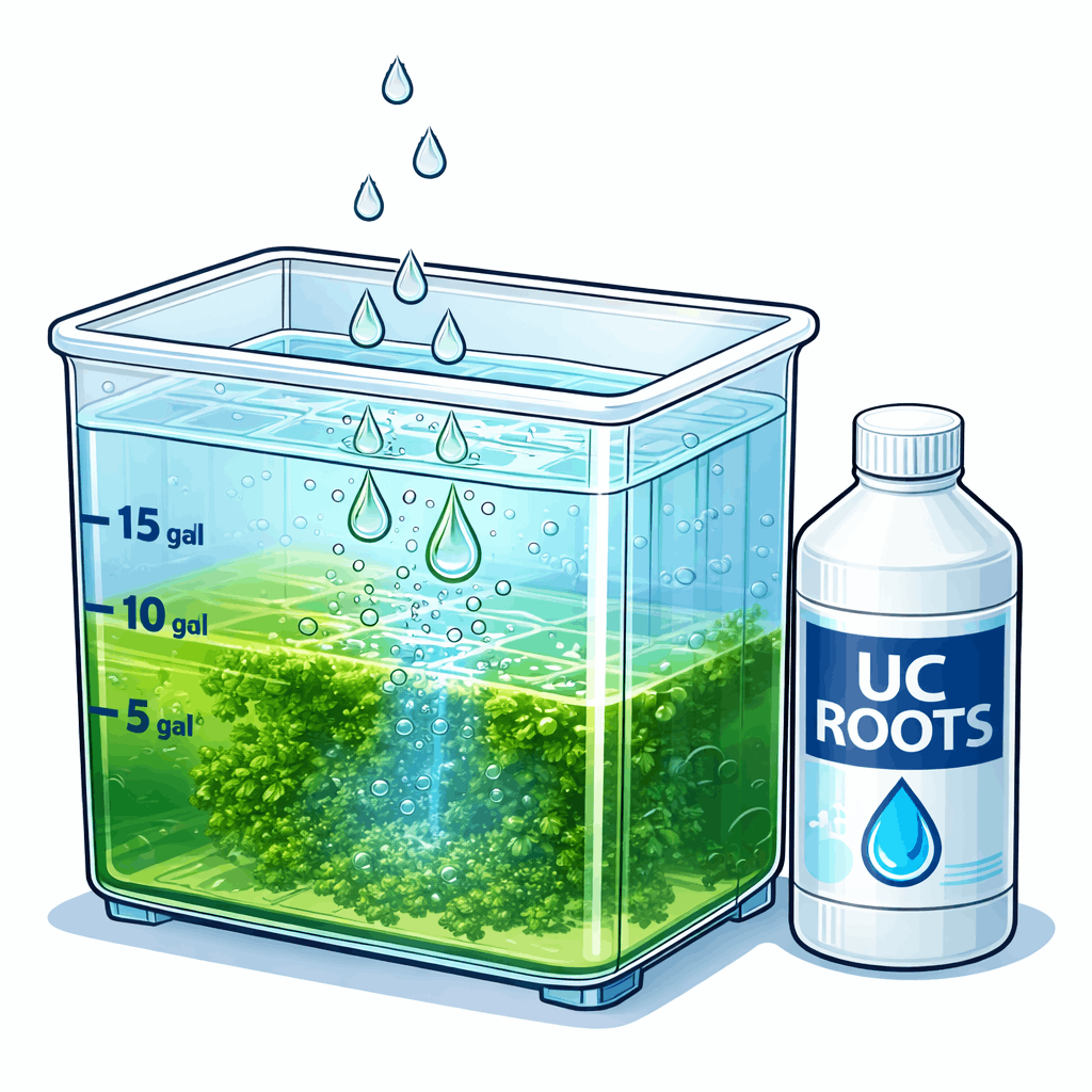 UC Roots hydroponic reservoir cleaner removing algae and biofilm from 15 gallon water tank, sterile hydroponic nutrient solution turning clear with treatment drops