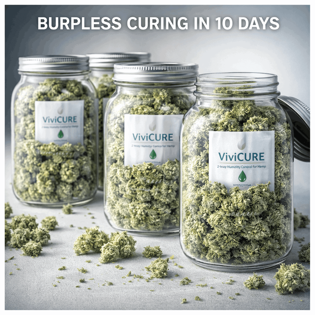 “four mason jars curing cannabis with Vivi Cure humidity packs showing burpless 10 day curing process and terpene preservation for home growers”